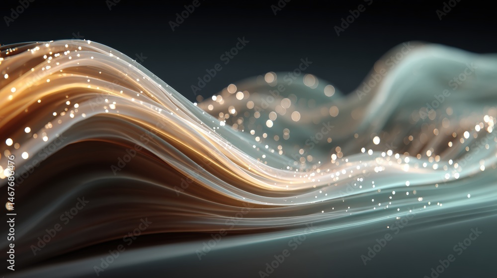 Poster abstract waves with glowing particles in a soft gradient background.