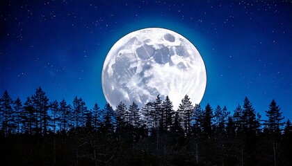 Luna llena sobre un bosque silueteado por la noche