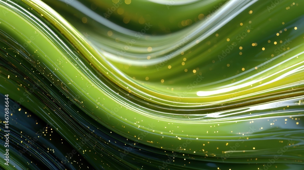 Poster abstract green waves with light reflections and bubbles creating a fluid, dynamic texture.