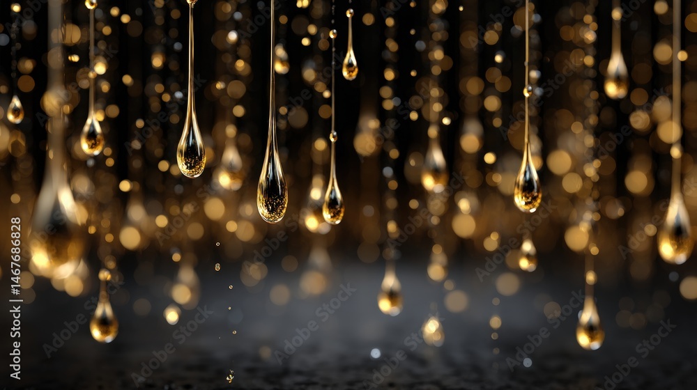 Poster glittering droplets hang against a dark backdrop, creating a magical, bokeh effect.