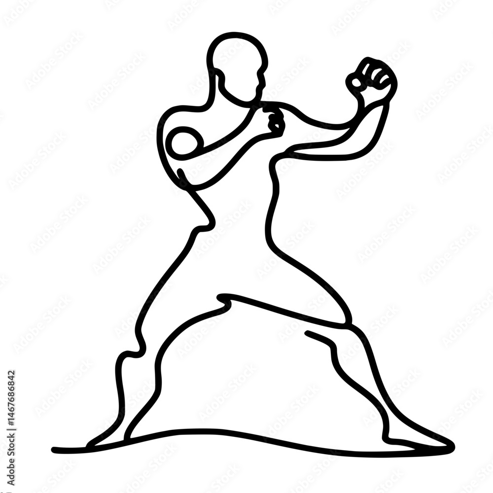 Poster dynamic fighter in action, in stock with protection on fists - single line vector drawing, single li