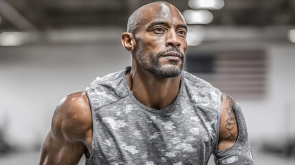 Obraz premium An amputee athlete exudes strength and determination while training in adaptive sportswear within a bustling gym