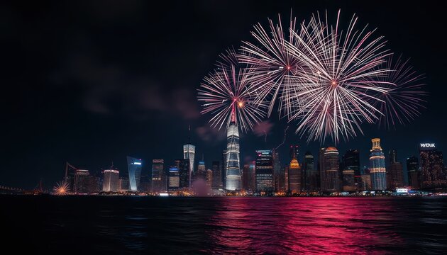Spectacular skyline fireworks illuminate night over an urban waterfront cityscape