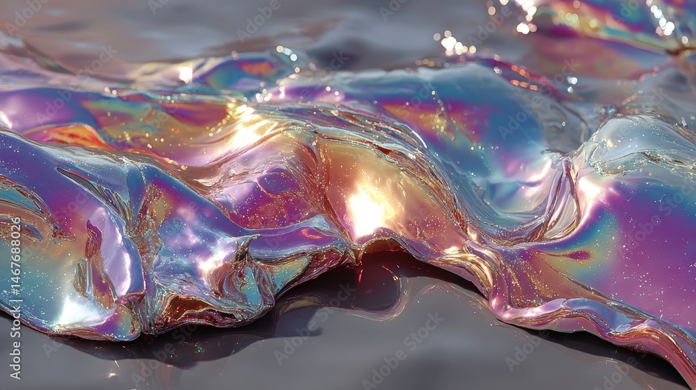 Poster colorful iridescent surface reflecting light in a dynamic, fluid pattern.