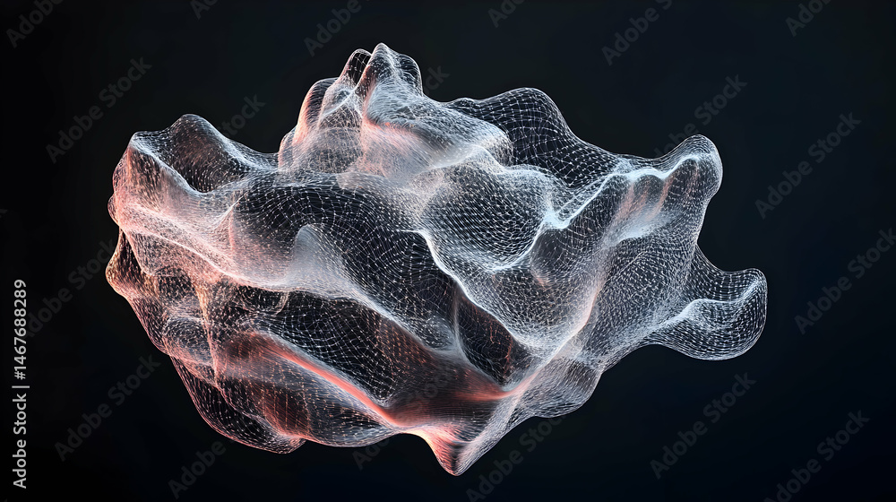 Poster abstract mesh of interconnected dots forming flowing shapes on dark background