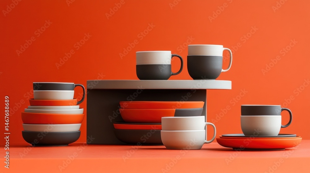 Poster modern tableware display with colorful cups and plates