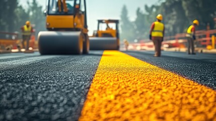 Road construction site with fresh asphalt, yellow center line, road roller and workers in high-visibility vests.