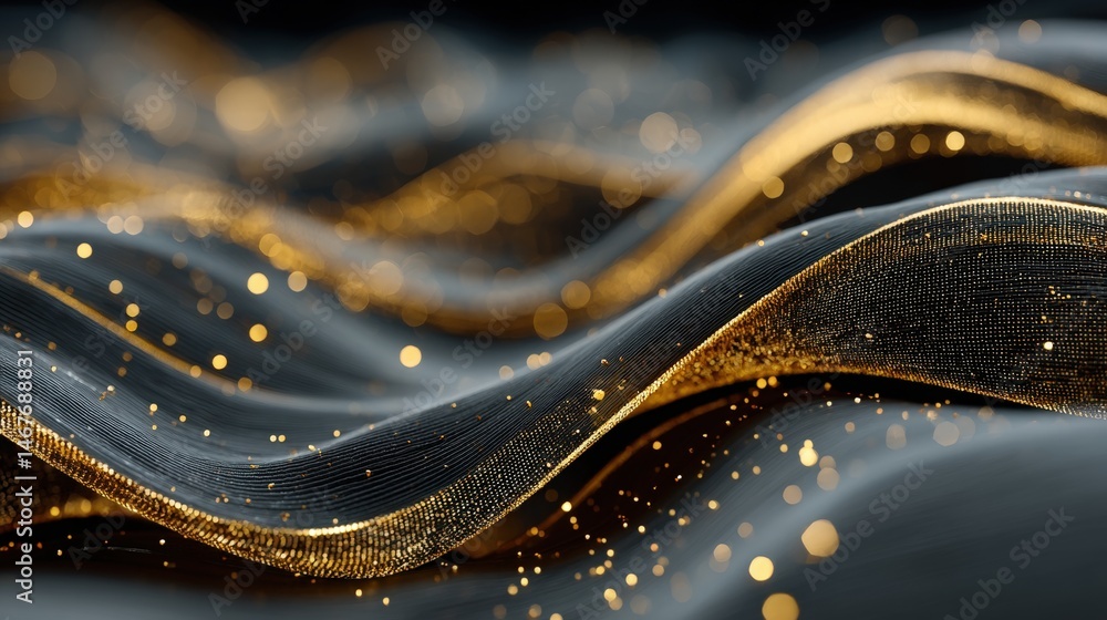 Poster abstract flowing waves with golden accents and soft bokeh lights on a dark background.