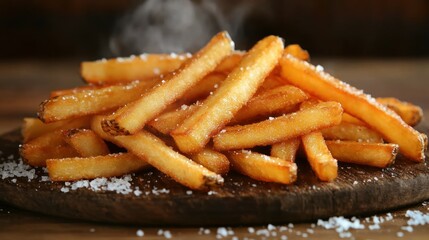 Crispy golden french fries steaming hot