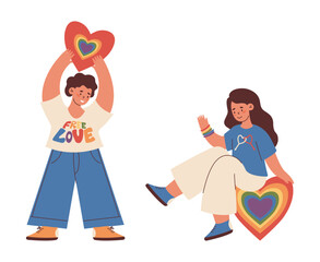 LGBTQ community. Happy People lesbians with Rainbow Heart set. Pride Month. Isolate Fun holiday woman. Vector Illustration for Design, social media, unity and equal love