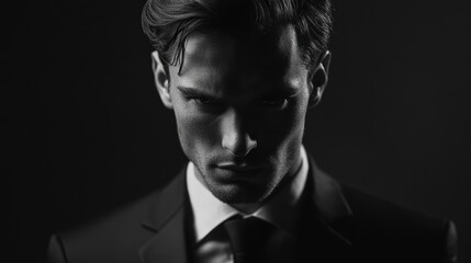 Fototapeta premium Portrait of a Confident Man in a Suit Against a Dark Background