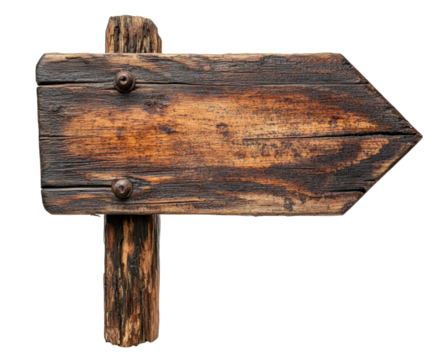 Wooden directional sign forest trail rustic environment view isolated on transparent background