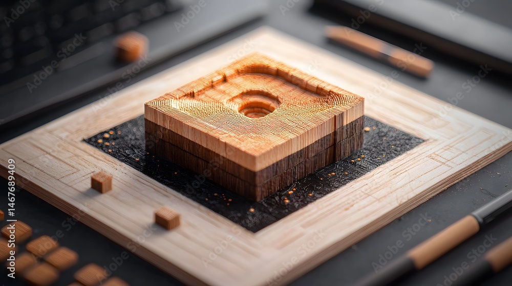 Fototapete abstract 3d wood cube with textured pattern and golden highlights