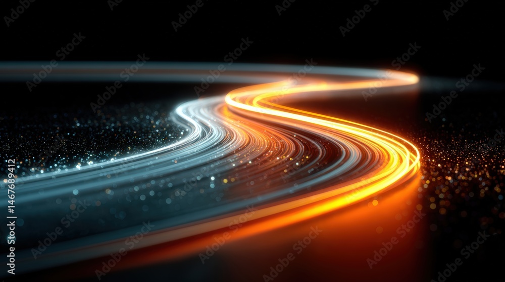 Poster vibrant light trails create a dynamic abstract background with shimmering particles.
