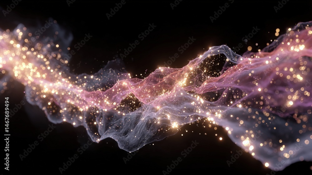 Poster abstract flowing waves with glowing particles on a dark background.