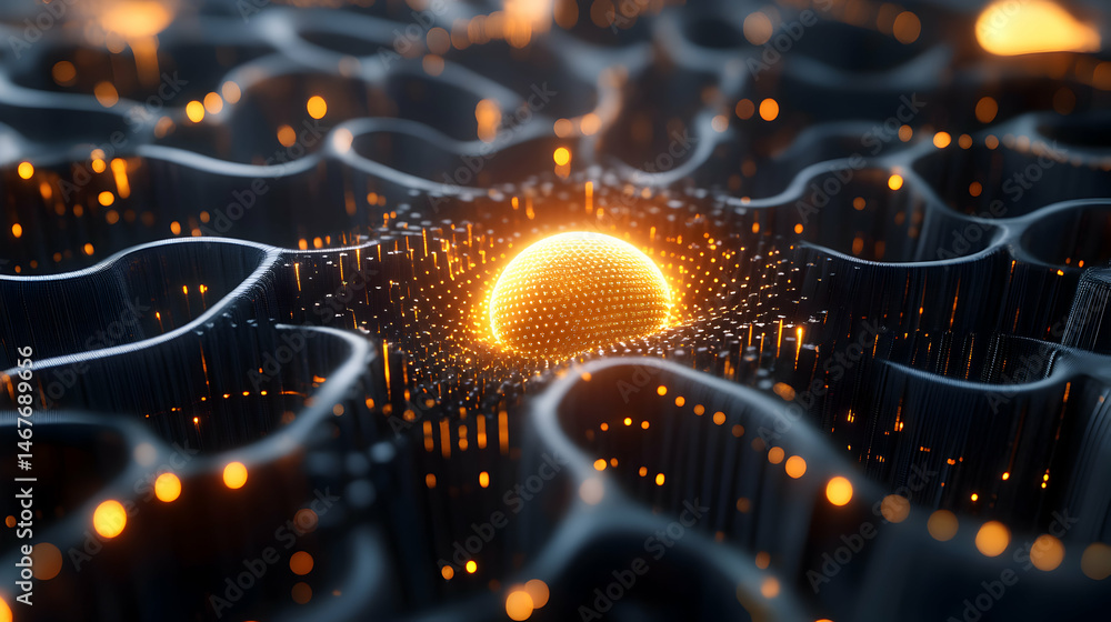 Poster abstract rendering showcasing a luminescent sphere within a dark wave structure