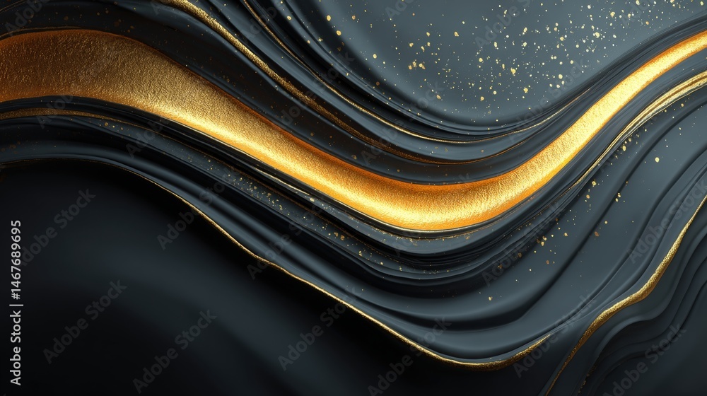 Poster abstract design featuring elegant gold waves on a dark background with textural details.