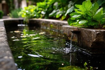 Tranquil Water Flowing Gently from Fountain Surrounded by Lush Greenery in a Peaceful Setting