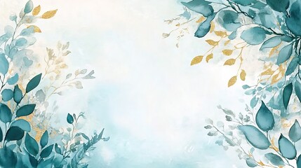 Symmetrical watercolor composition of blue and gold leaves.