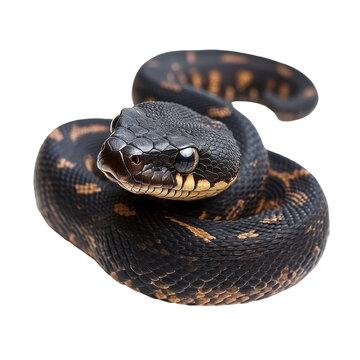 Black and yellow python curled up in a relaxed position on a plain surface indoors
