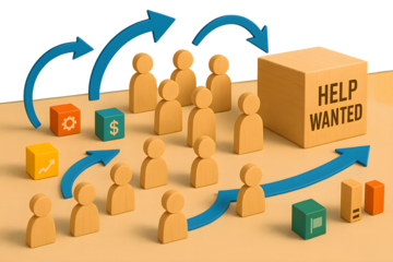 Abstract wooden figures in a modern 3D queue scene move toward opportunity, colorful cubes and dominoes with economic icons surround HELP WANTED sign, dynamic arrows signal transformation.