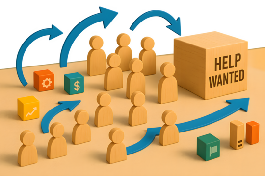 Abstract wooden figures in a modern 3D queue scene move toward opportunity, colorful cubes and dominoes with economic icons surround HELP WANTED sign, dynamic arrows signal transformation.