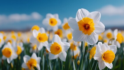 Obraz premium Daffodils Blooming in a Vibrant Field Under a Clear Blue Sky