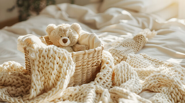 A knitted teddy bear on a white bed against the backdrop of a bright room, a children's banner with space for text	