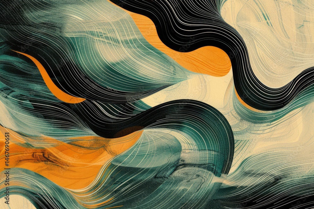 Poster abstract green and orange flowing lines with topographic elements. abstract image of digital wave wi