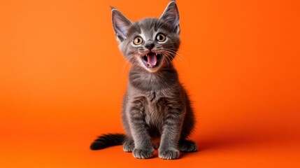 Obraz premium Playful gray kitten with bright orange background, smiling