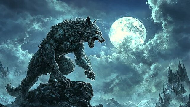 A fierce werewolf howls at a full moon, set against a dramatic night sky and rocky landscape