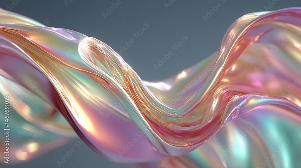 Poster fluid iridescent waves with soft colors creating a mesmerizing visual effect.