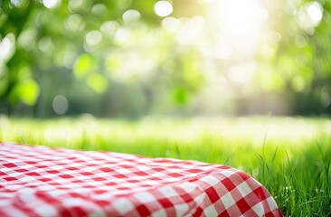 Picnic blanket on grass, sunny day, nature
