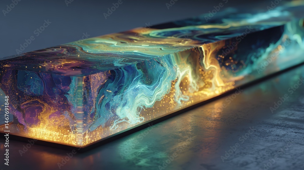 Poster abstract glowing block with vibrant colors and intricate patterns.