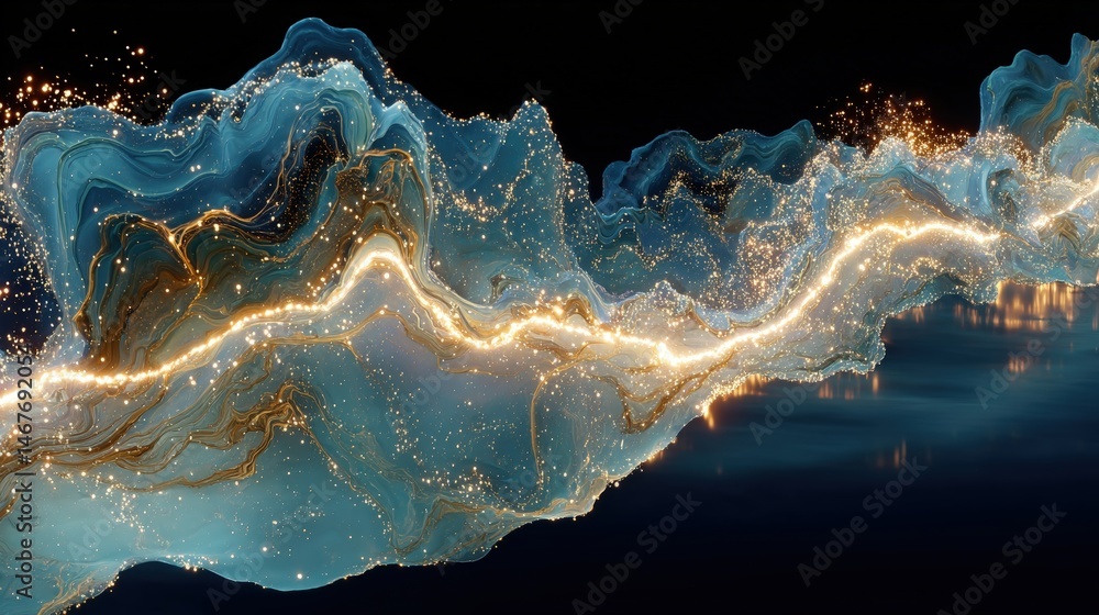 Poster abstract fluid waves with vibrant colors and intricate textures against a dark background.