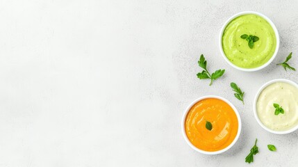 Fresh and colorful assortment of creamy dips and sauces for healthy snacking and meal preparation