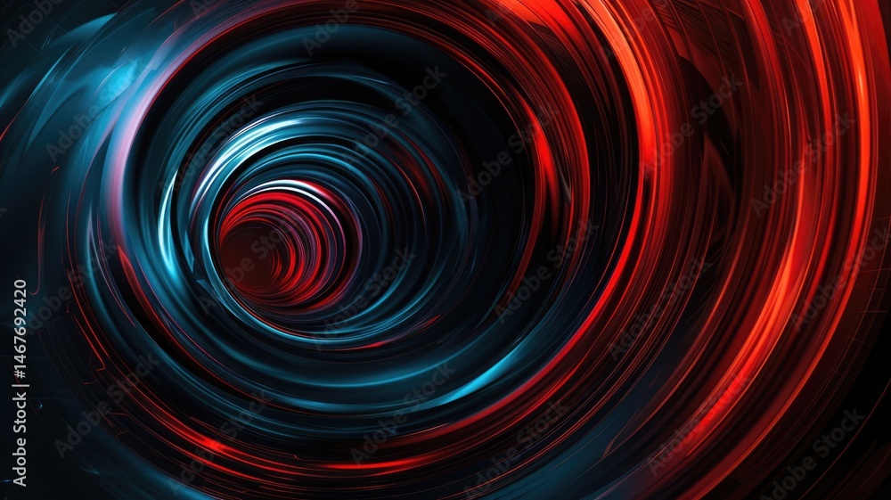 Poster swirling picture of red ray and blue light sparkling particles scattered across a space background, 