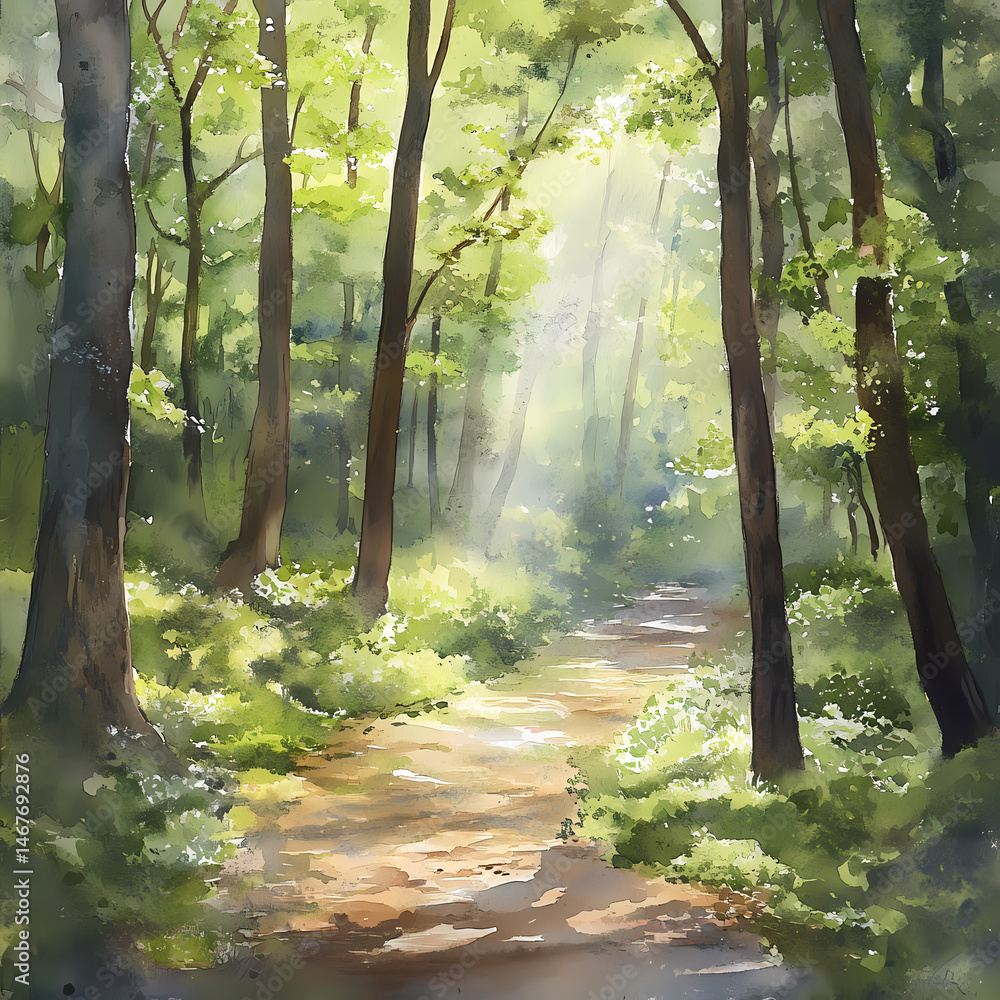 Aufkleber sunlight filtering through trees in a tranquil forest landscape generative ai