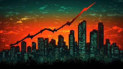 Uptrending economy chart against a backdrop of a vibrant cityscape showcasing financial development and market growth analysis
