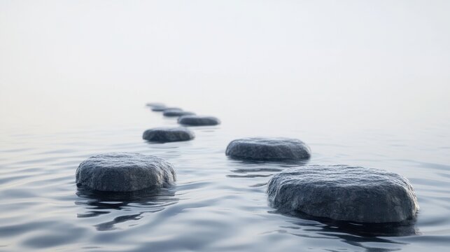 A 4K photo of stone skipping across calm water surface with ripples spreading out, stone, water, skipping, surface, ripples, calm.