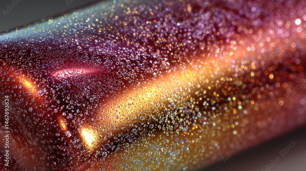 Poster shimmering droplets on a colorful surface create an abstract, mesmerizing effect.