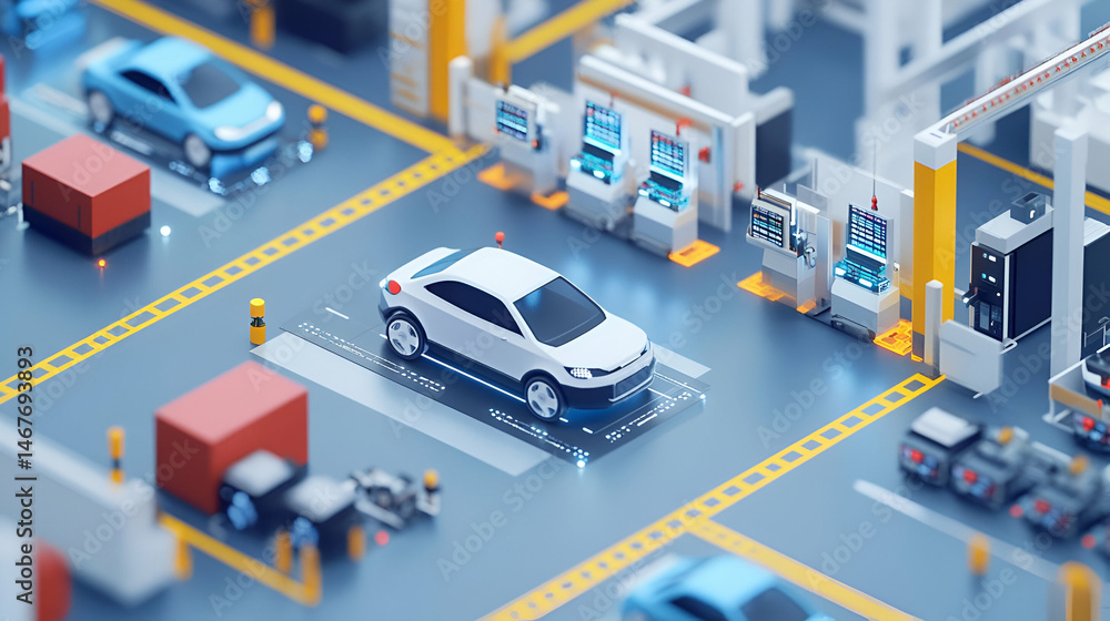 Poster isometric view of automated car assembly line in modern factory