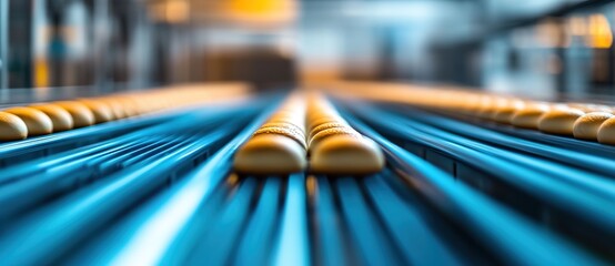 Conveyor belt carrying fresh bread rolls in bakery.