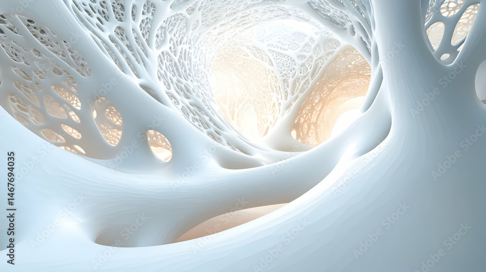 Poster abstract white tunnel with intricate webbed structure and light at the end