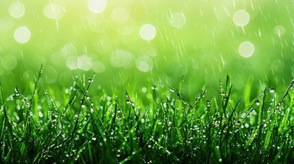 Obraz premium Fresh green grass under rain with natural bokeh effect in a lush scenery full of vibrant colors and light