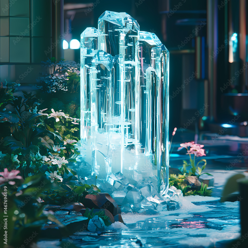 Poster crystal formation illuminated by soft lights in a serene garden generative ai