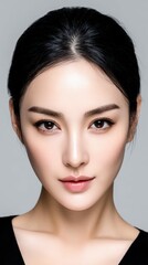 Fototapeta premium Beautiful woman with flawless skin and captivating gaze in studio setting