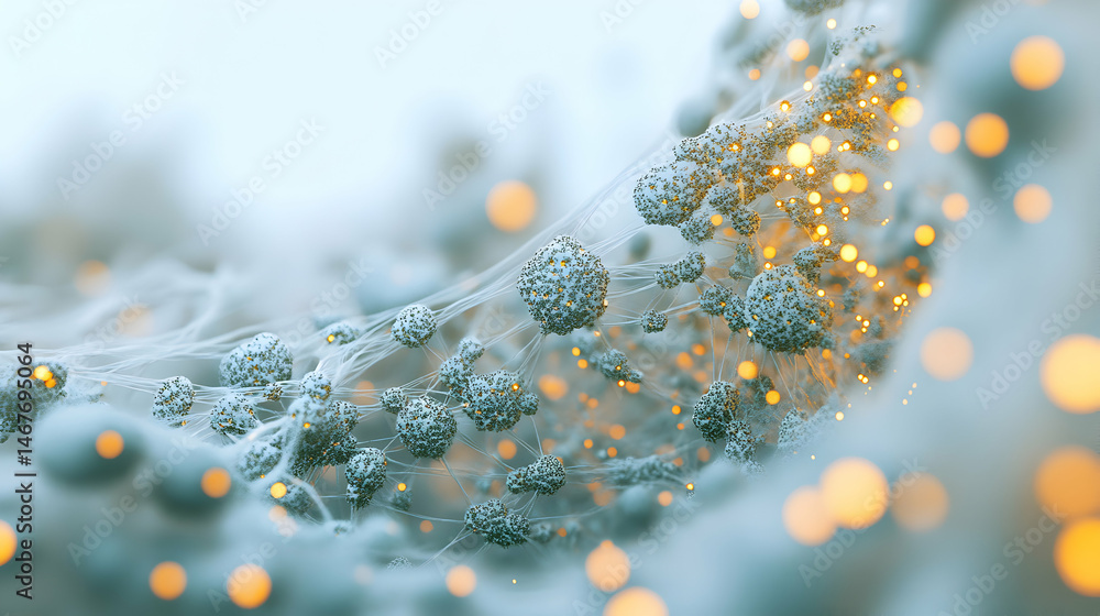 Poster intricate structure featuring interconnected spheres, resembling cellular networks