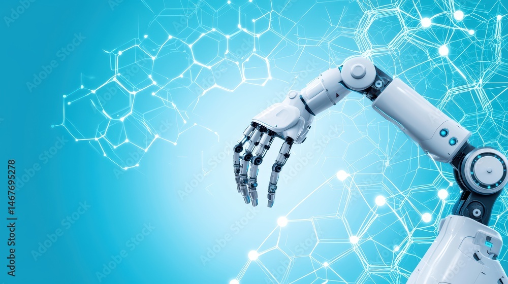 Poster futuristic robotic hand with advanced technology background in blue and white color scheme