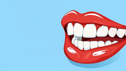 Naklejka premium Bright red lips with white teeth smiling against a light blue background in a pop art style illustration